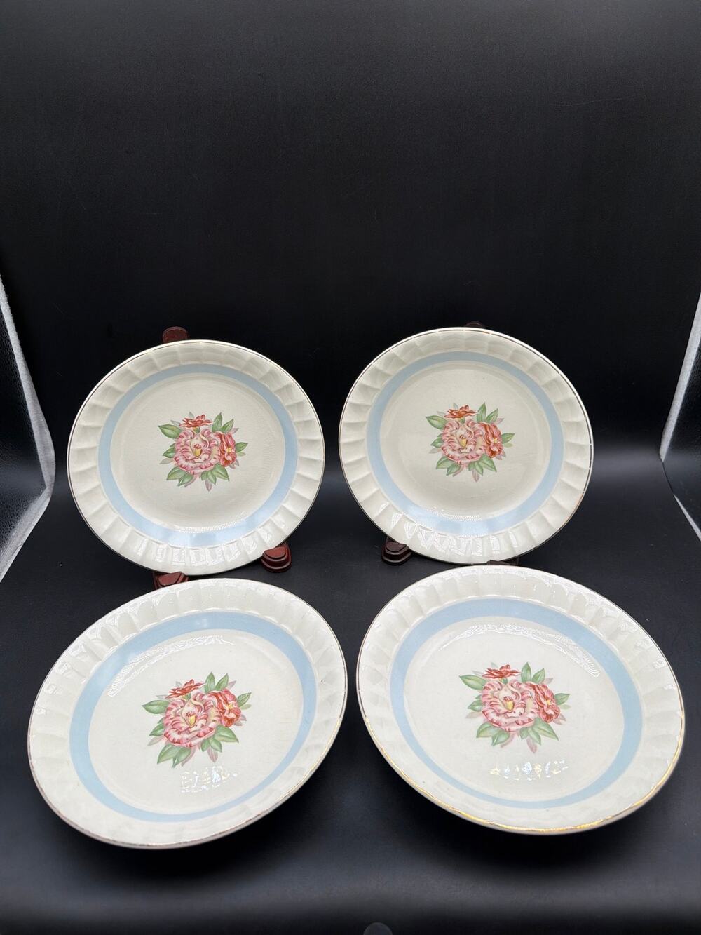 Vtg Cronin China Peony Camellia Soup Bowls Set 4 Blue Band Gold Trim 7.75"